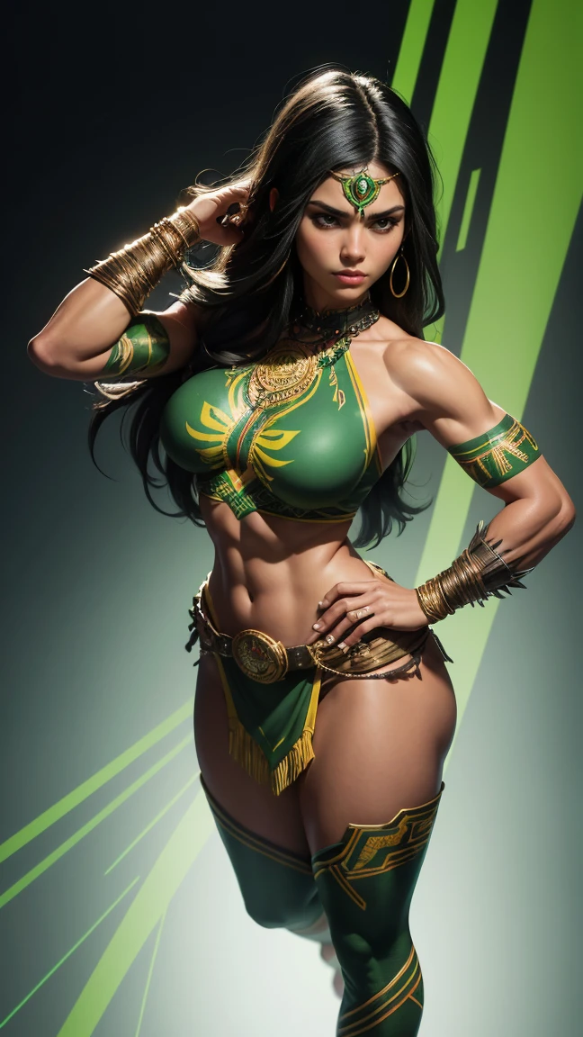 a captivating warrior woman, embodying power and grace. A vibrant sunrise sets the backdrop, casting a warm golden hue upon her tanned, sculpted body. Her figure is accentuated by the flowing, intricately-patterned fabric of her armor, which reveals delicate lacing and buckles securing it in place.

Her long, dark hair cascades down her back in thick waves, framing her chiseled, athletic form. With each breath, she exudes an air of confidence and determination. Her piercing green eyes, crafted with meticulous detail and shimmering intensity, meet the viewer's gaze.

Her exposed shoulders are adorn