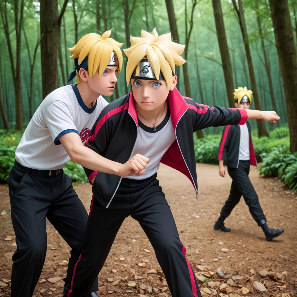 Boruto, 3boy, 3boruto, yellow hair, head protector, blue eyes, two lines in face, white shirt, black jacket red line, black long pants red line, forest and rocks background, fight pose, rasengan in one hand,Masterpiece, Best Quality, High Resolution, High Details, Textured Skin, UHD, 