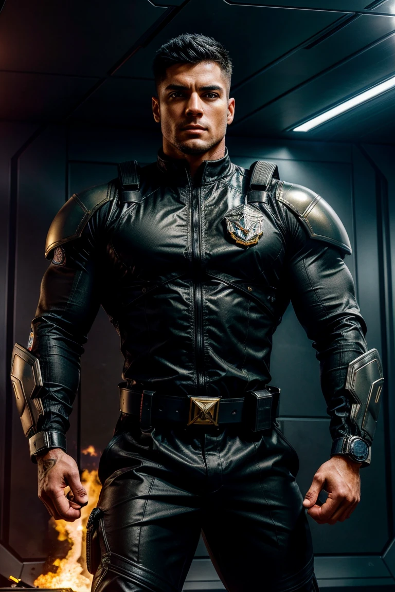 White man with dark blonde hair and gray-blue eyes in hero costume, black tactical parachute pants, black military boots, tight fitting black and white top with gold accents, gold earrings and rings, MHA style