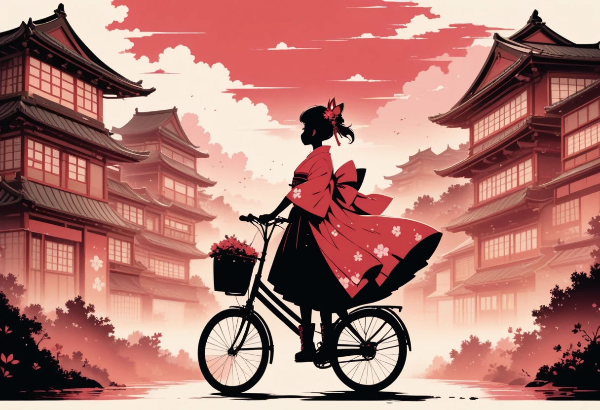  black silhouette art that extends below the waist:1.3,  woman in kimono riding a bicycle, Sakura-colored kimono, large crimson ribbon ,  boots, Stylish, Cherry color background, Japanese Townscape 