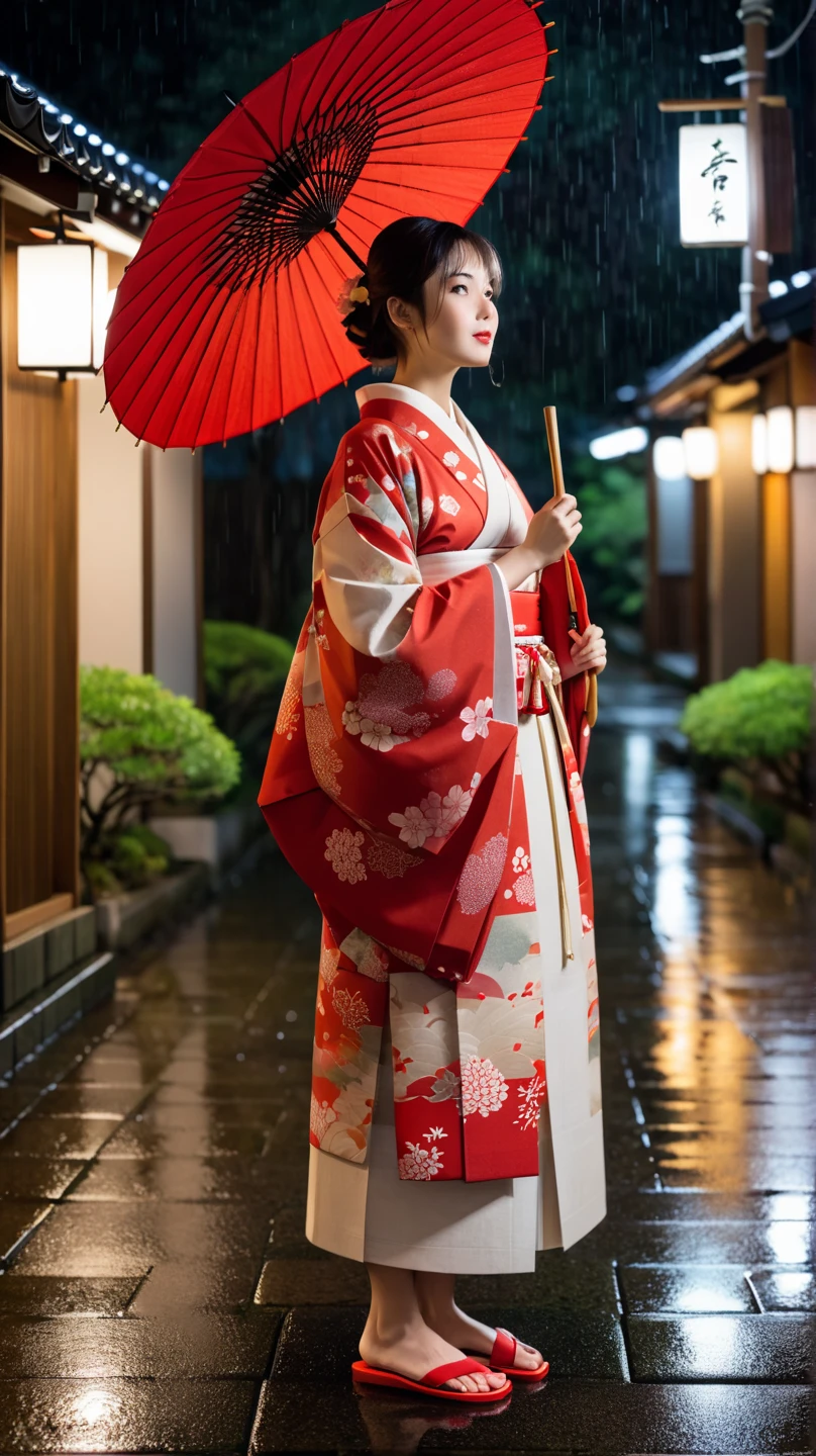 Woman soaked in the rain,  A sad, despairing face,   Wearing a plain white kimono,  Dark Japanese shrine at night, Realistic, Breathtakingly high-quality photos, 