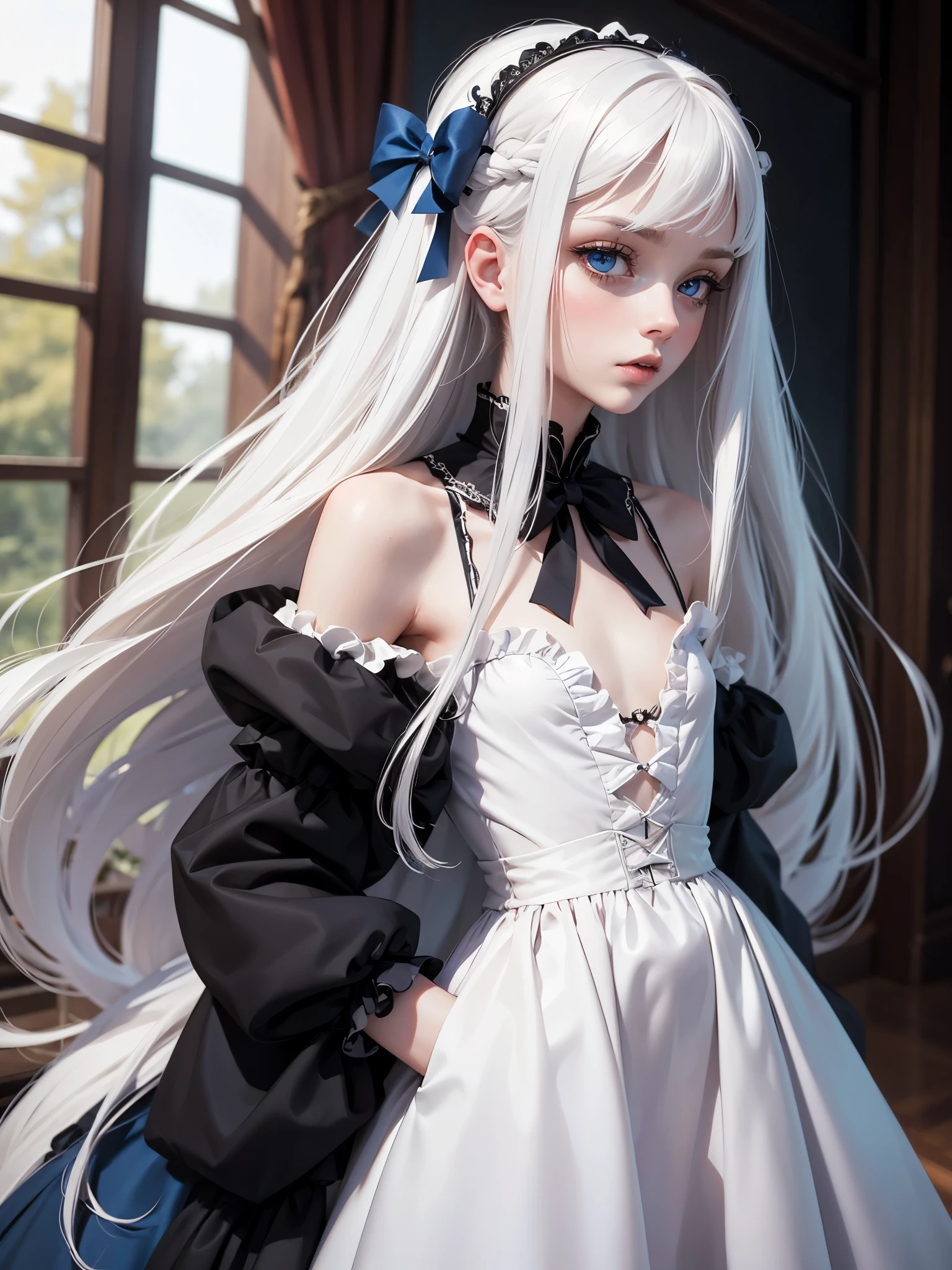 (best quality), 1girl, female, pale skin, white hair, long hair, swept bangs, straight hair, blue eyes, perfect eyes, lolita dress, petite, skinny body, flat chest, blush, masterpiece, anatomically correct, highres