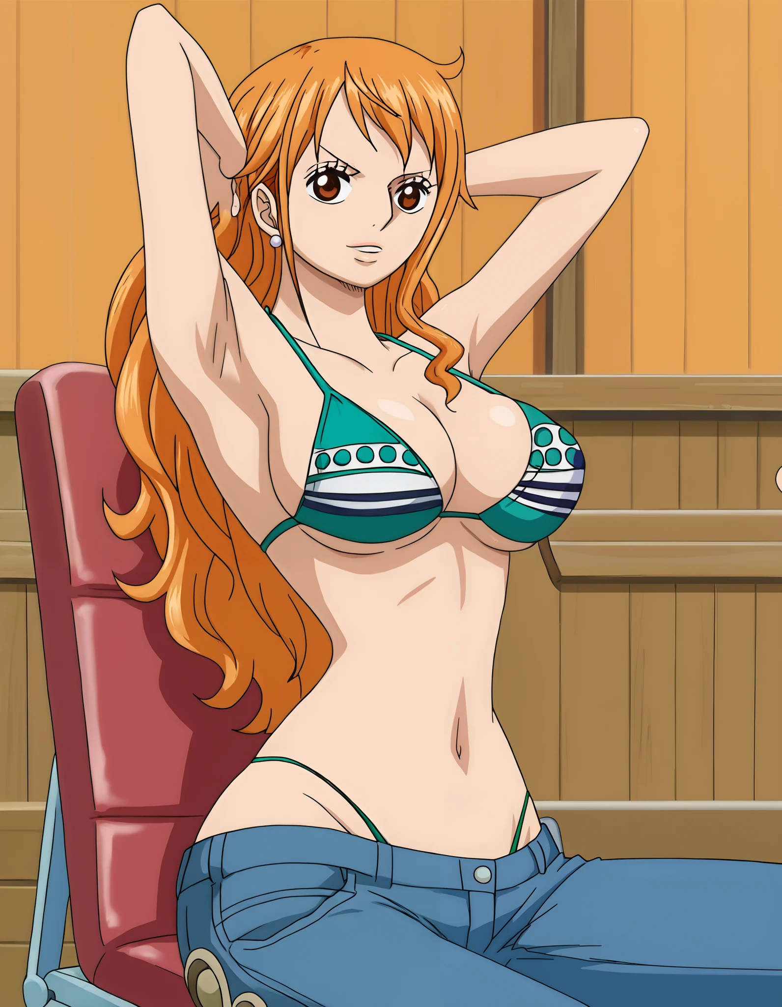 score_9_up, best quality, solo, source_anime, 1girl, Nami, bikini bra, sexy, (bigger than medium breasts), navel, (leaning on electric chair:1.4), (jeans), (thong), spreading armpit