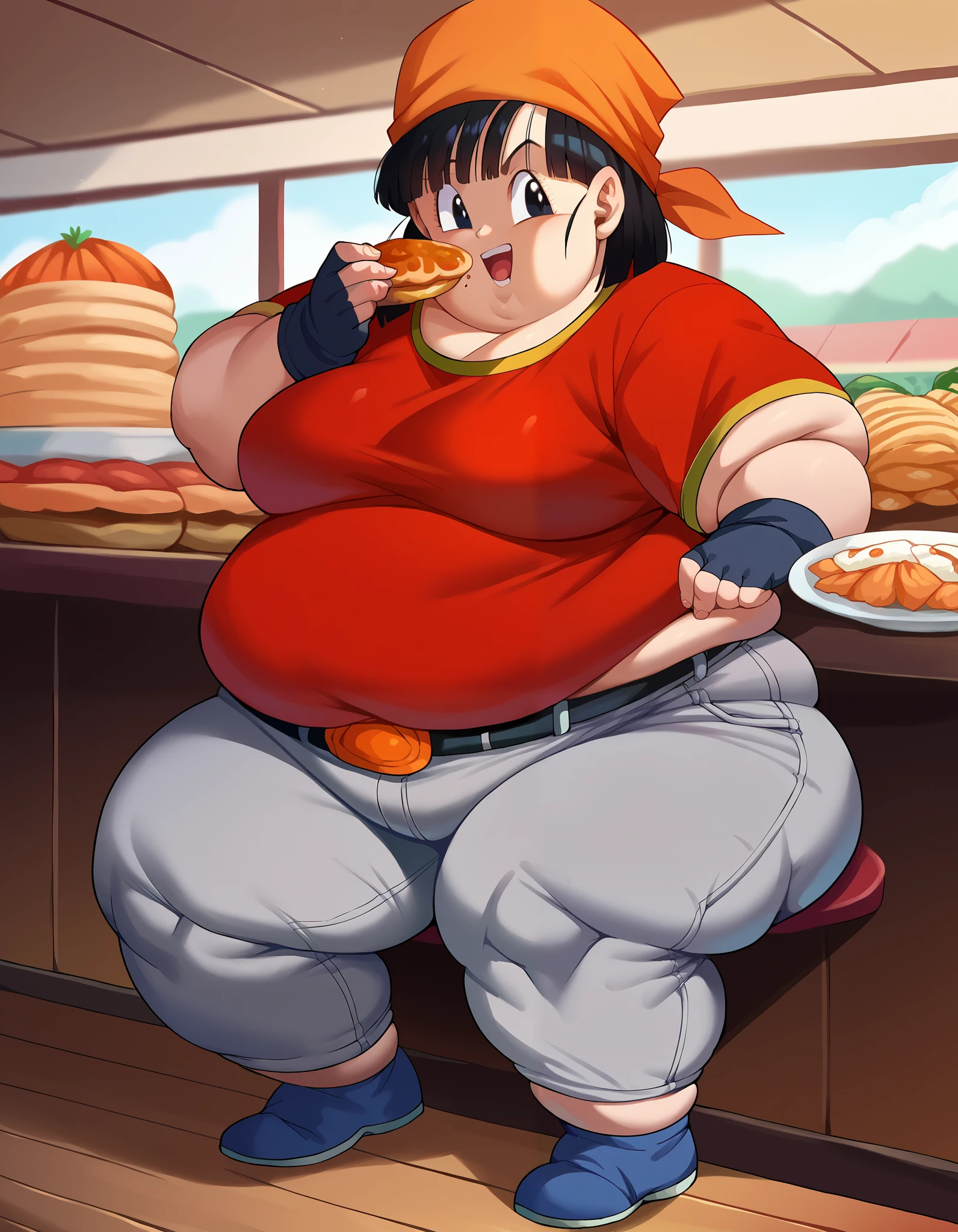 score_9, score_8_up, score_7_up, source_anime,
dragonballpan, pan gt, short hair, black hair, gloves, short sleeves, black gloves, belt, pants, fingerless gloves, black eyes, red shirt, black belt, bandana, orange bandana, female , grey pants,
looking at viewer, fat, chubby, obese, full body shot, smile, sitting, eating, restaurant, open mouth 