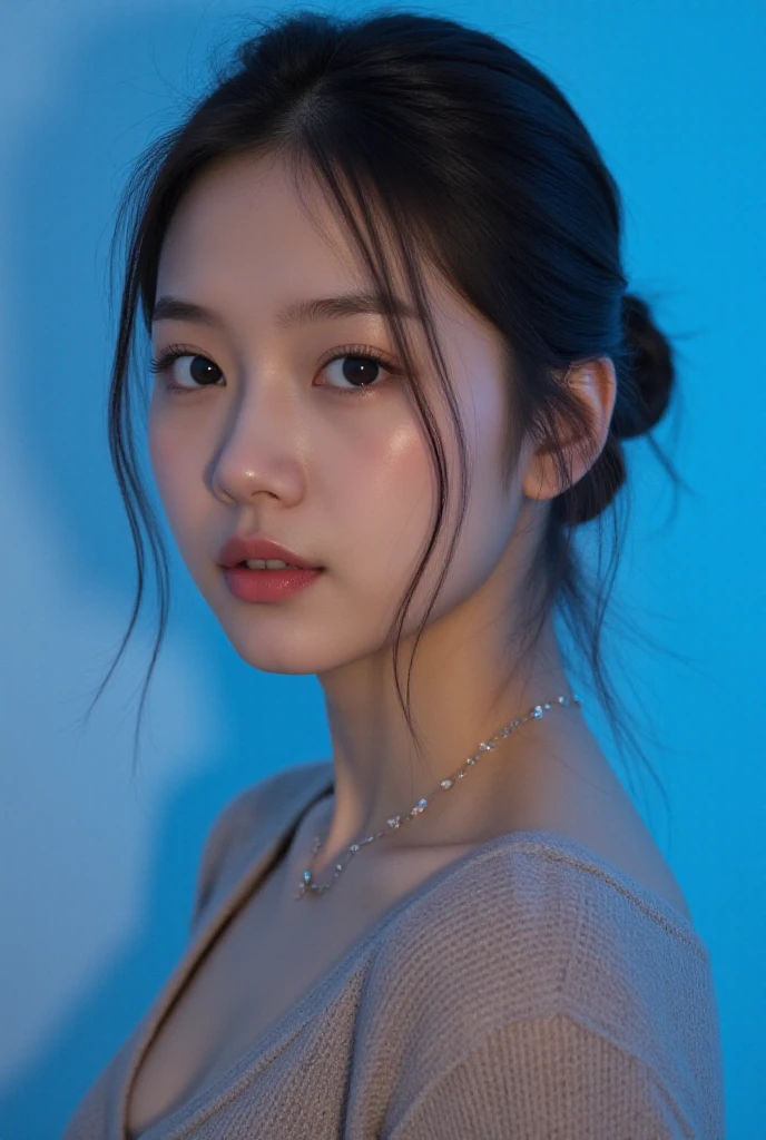 RAW, sharp focus, delicate, beautiful composition, best quality, (realistic), high quality, ultra detailed, (Real picture), (realistic skin), (intricate details), (latex skin:0.4), (detailed skin:1.3), (perfect glossy shiny skins:0.6), (beautiful eyes), round eyes, pretty face, Blushing face, glossy lips, high nose bridge, [:(detailed face:1.2):0.2], shiny eyes, (PureErosFace_V1:0.1), (ulzzang-6500:0.1), (a beautiful 20 age years old cute Korean girl:1.3), instagram, (kpop idol, korean mixed), a face of perfect proportion, (high nose:0.7), realistic humid skin, red lips, Crimson (UA), (happy face:1.2), 8k uhd, dslr, high quality, film grain:1.3, photorealistic, (studio), (blue simple background:1.5), (white blouse: 1.5), (black blazer:1.5), (shut lips:1.3), <lora:Gominsi:1>