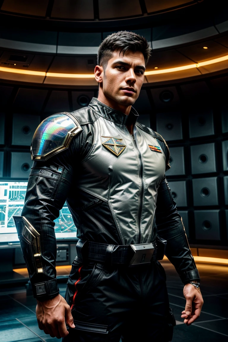 Lt. Falcon stands at around 6'1" with a lean and athletic build. His short, spiky hair is a metallic silver color, and his eyes are a piercing blue. He has a small, intricate tattoo of a falcon on his left cheekbone, and his features are chiseled and angular, giving him a sharp, rugged look.