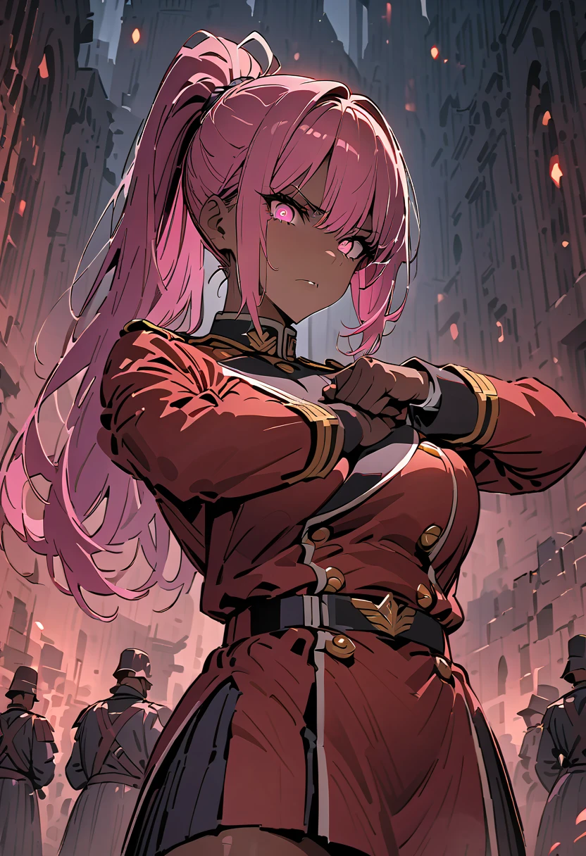 { - anatomy error} , ((Best Quality)), ((masterpiece)), (detailed), A woman, pink hair, ponytail, pink eyes, brown skin, pink hair, ponytail, pink eyes, black skin, dressed in military clothing, imperial uniform, intimidating look, military pose, the background is the outskirts of a castle