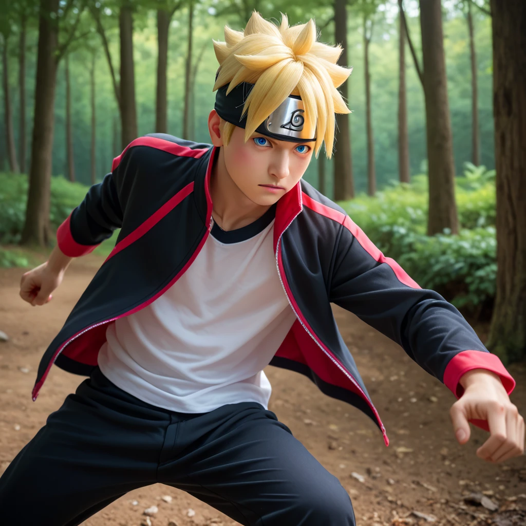 Boruto, 1boy, solo, yellow hair, head protector, blue eyes, two lines in face, white shirt, black jacket red line, black long pants red line, forest and rocks background, fight pose, Masterpiece, Best Quality, High Resolution, High Details, Textured Skin, UHD, realistic