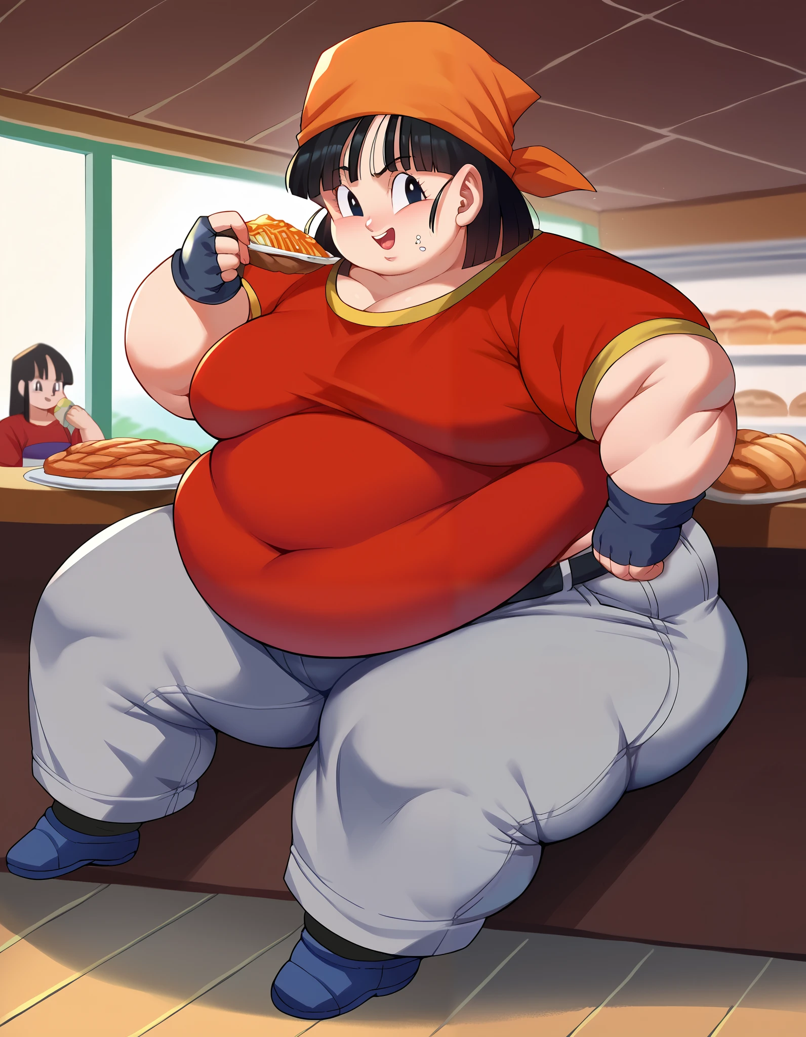 score_9, score_8_up, score_7_up, source_anime,
dragonballpan, pan gt, short hair, black hair, gloves, short sleeves, black gloves, belt, pants, fingerless gloves, black eyes, red shirt, black belt, bandana, orange bandana, female , grey pants,
looking at viewer, fat, chubby, obese, full body shot, smile, sitting, eating, restaurant, open mouth 