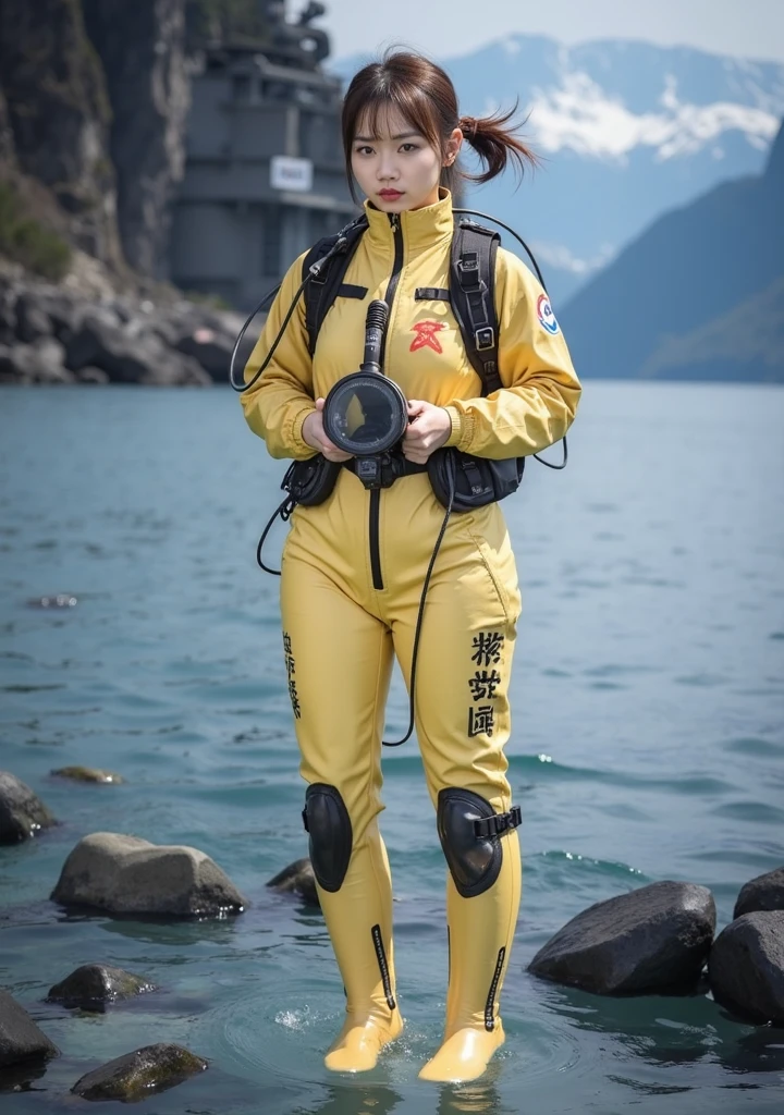 A documentary photo, Photo-realistic, ultra-realistic, (Japanese beautiful young woman, famous Japanese idol, boyish cool face:1.3), wetlook rubberish pink clothes,, she is a military diver of Japan navy, experienced military diver, wearing a professional wetsuits for military diver with professional scuba equipment, She is on a shlre, She is preparing to scuba dive for a lifesaving mission, there is a large battle ship behind her,, Natural Makeup, boyish face ,Front View:1.21, Perfect Anatomy:1.21, Small head:1.21, Slender body:1.37, Narrow waist:1.5, Thin limbs:1.5, Flat Chest:1.5, Anatomically correct limbs, Diving Suits warm  wetlook (high smooth turtleneck collar), Fully equipped for diving, Very cute Japanese woman, Brown Hair, Chignon Hair, woman holds oval scuba mask, Calm sea in qinter, Dynamic and emotional movie lighting, 