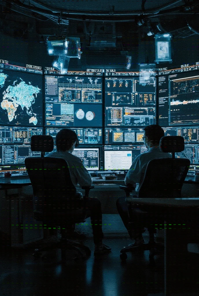 "A dark, sleek command center filled with glowing digital displays showcasing complex algorithms, global maps, and encrypted data streams. Technicians in ergonomic chairs analyze cyber threats, with holograms floating in mid-air."
