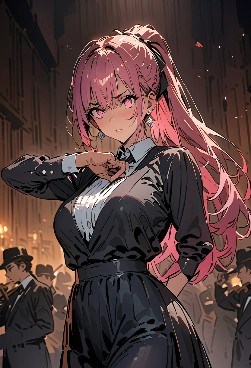 { - anatomy error} , ((Best Quality)), ((masterpiece)), (detailed), A woman, pink hair, ponytail, pink eyes, Michael Jackson pose, dressed in an elegant way, black dress, earrings, jewelry, the background is an orchestra