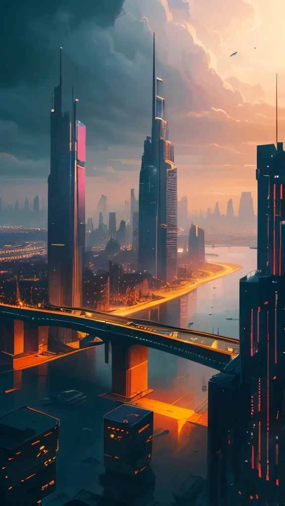 futuristic city with a massive tower and a massive bridge, a detailed matte painting inspired by James Paick, cgsociety contest winner, digital art, big and structured valhalla city, ancient sci - fi city, in fantasy sci - fi city, aerial view of a cyberpunk city, sci - fi city, sci fi city, huge futuristic temple city, dystopian cyberpunk city