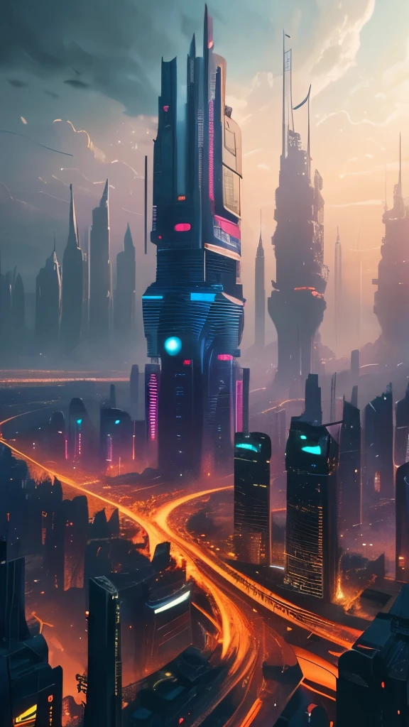 futuristic city with a massive tower and a massive bridge, a detailed matte painting inspired by James Paick, cgsociety contest winner, digital art, big and structured valhalla city, ancient sci - fi city, in fantasy sci - fi city, aerial view of a cyberpunk city, sci - fi city, sci fi city, huge futuristic temple city, dystopian cyberpunk city