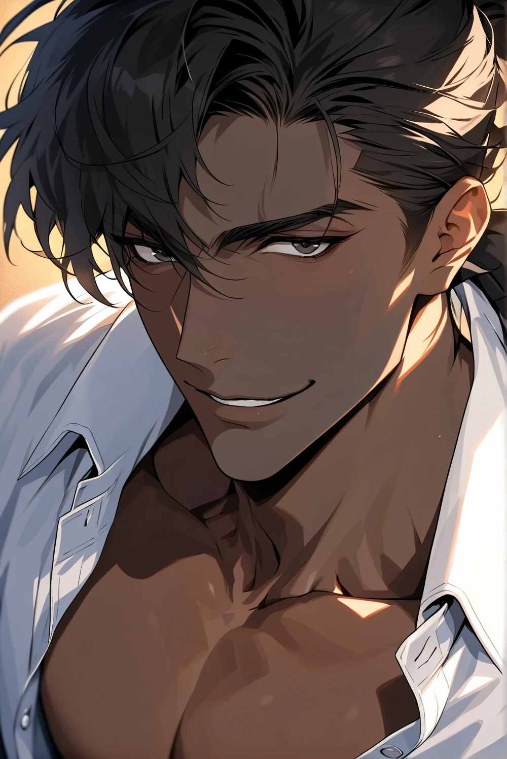 (masterpiece, high resolution, Top quality), unique , 1 male, 29-year-old male , nice, Sexy , tanned skin , dark haired, man's ponytail , black eyes , sly smile , black skin
