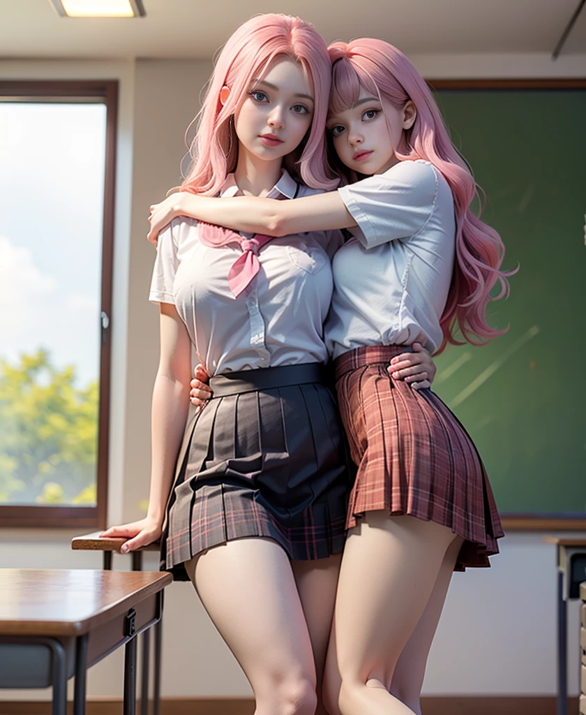 2 girls, double ponytails, , tiny ass, schoolgirls pink, plaids, long hair pink, pink eyes, small waist, skinny, realistic, best quality, touching, holding boobs, breast in hand,