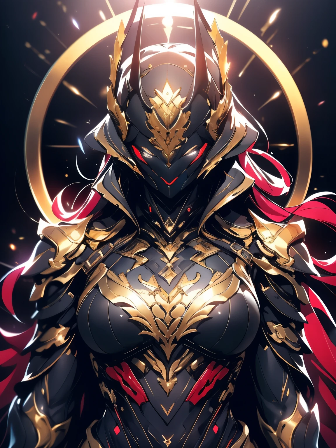 A woman adorned in fantasy-style full-body armor, a crown-concept fully enclosed helmet that unveils only her eyes, a composite layered chest plate, fully encompassing shoulder and hand guards, a lightweight waist armor, form-fitting shin guards, the overall design is heavy-duty yet flexible, (the armor gleams with a golden glow, complemented by red and blue accents), exhibiting a noble aura, she floats above a fantasy-surreal high-tech city, this character embodies a finely crafted fantasy-surreal style armored hero in anime style, exquisite and mature manga art style, (mixture of Queen bee and Spider concept Armor, plasma), ((Element, elegant, goddess, femminine:1.5)), metallic, high definition, best quality, highres, ultra-detailed, ultra-fine painting, extremely delicate, professional, anatomically correct, symmetrical face, extremely detailed eyes and face, high quality eyes, creativity, RAW photo, UHD, 32k, Natural light, cinematic lighting, masterpiece-anatomy-perfect, masterpiece:1.5