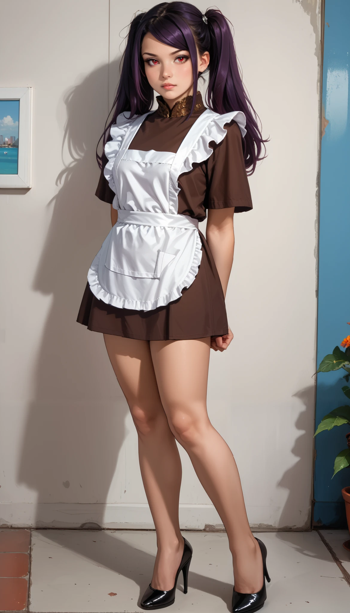 score_9, score_8_up, score_7_up, source_anime, 8k, arms behind back, full body, slim figure, flat bust, perfect red eyes, Light blue eyelashes, high-heels, seductive, Charming, defjill, long hair, twintails, purple hair, red eyes, sidelocks, swept bangs, masterpiece, zal, AniPnyXLQual, NM_graduation, dark brown dress, short dress, short sleeves, white apron,