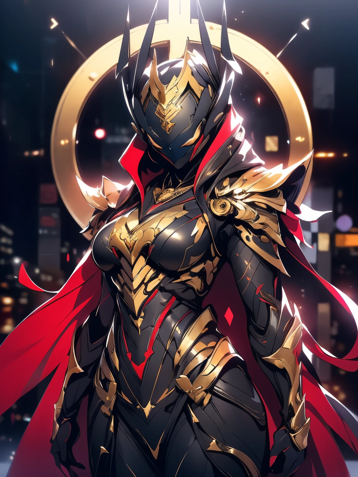 A woman adorned in fantasy-style full-body armor, a crown-concept fully enclosed helmet that unveils only her eyes, a composite layered chest plate, fully encompassing shoulder and hand guards, a lightweight waist armor, form-fitting shin guards, the overall design is heavy-duty yet flexible, (the armor gleams with a golden glow, complemented by red and blue accents), exhibiting a noble aura, she floats above a fantasy-surreal high-tech city, this character embodies a finely crafted fantasy-surreal style armored hero in anime style, exquisite and mature manga art style, (mixture of Queen bee and Spider concept Armor, plasma), ((Element, elegant, goddess, femminine:1.5)), metallic, high definition, best quality, highres, ultra-detailed, ultra-fine painting, extremely delicate, professional, anatomically correct, symmetrical face, extremely detailed eyes and face, high quality eyes, creativity, RAW photo, UHD, 32k, Natural light, cinematic lighting, masterpiece-anatomy-perfect, masterpiece:1.5