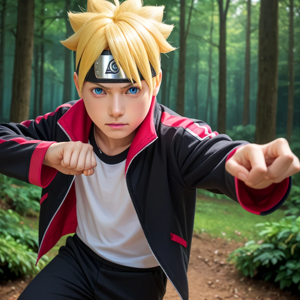 Boruto, 1boy, solo, yellow hair, head protector, blue eyes, two black lines on the cheek, white shirt, black jacket red line, black long pants red line, forest and rocks background, fight pose, Masterpiece, Best Quality, High Resolution, High Details, Textured Skin, UHD, realistic