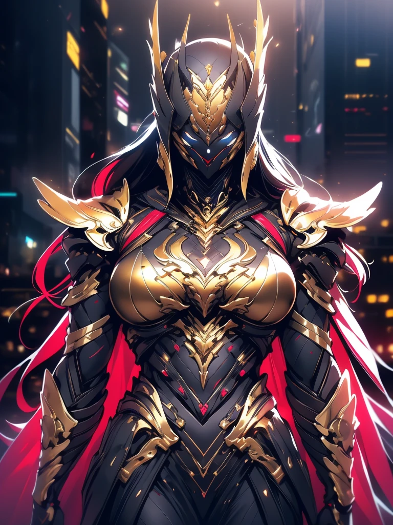 A woman adorned in fantasy-style full-body armor, a crown-concept fully enclosed helmet that unveils only her eyes, a composite layered chest plate, fully encompassing shoulder and hand guards, a lightweight waist armor, form-fitting shin guards, the overall design is heavy-duty yet flexible, (the armor gleams with a golden glow, complemented by red and blue accents), exhibiting a noble aura, she floats above a fantasy-surreal high-tech city, this character embodies a finely crafted fantasy-surreal style armored hero in anime style, exquisite and mature manga art style, (mixture of Queen bee and Spider concept Armor, plasma), ((Element, elegant, goddess, femminine:1.5)), metallic, high definition, best quality, highres, ultra-detailed, ultra-fine painting, extremely delicate, professional, anatomically correct, symmetrical face, extremely detailed eyes and face, high quality eyes, creativity, RAW photo, UHD, 32k, Natural light, cinematic lighting, masterpiece-anatomy-perfect, masterpiece:1.5