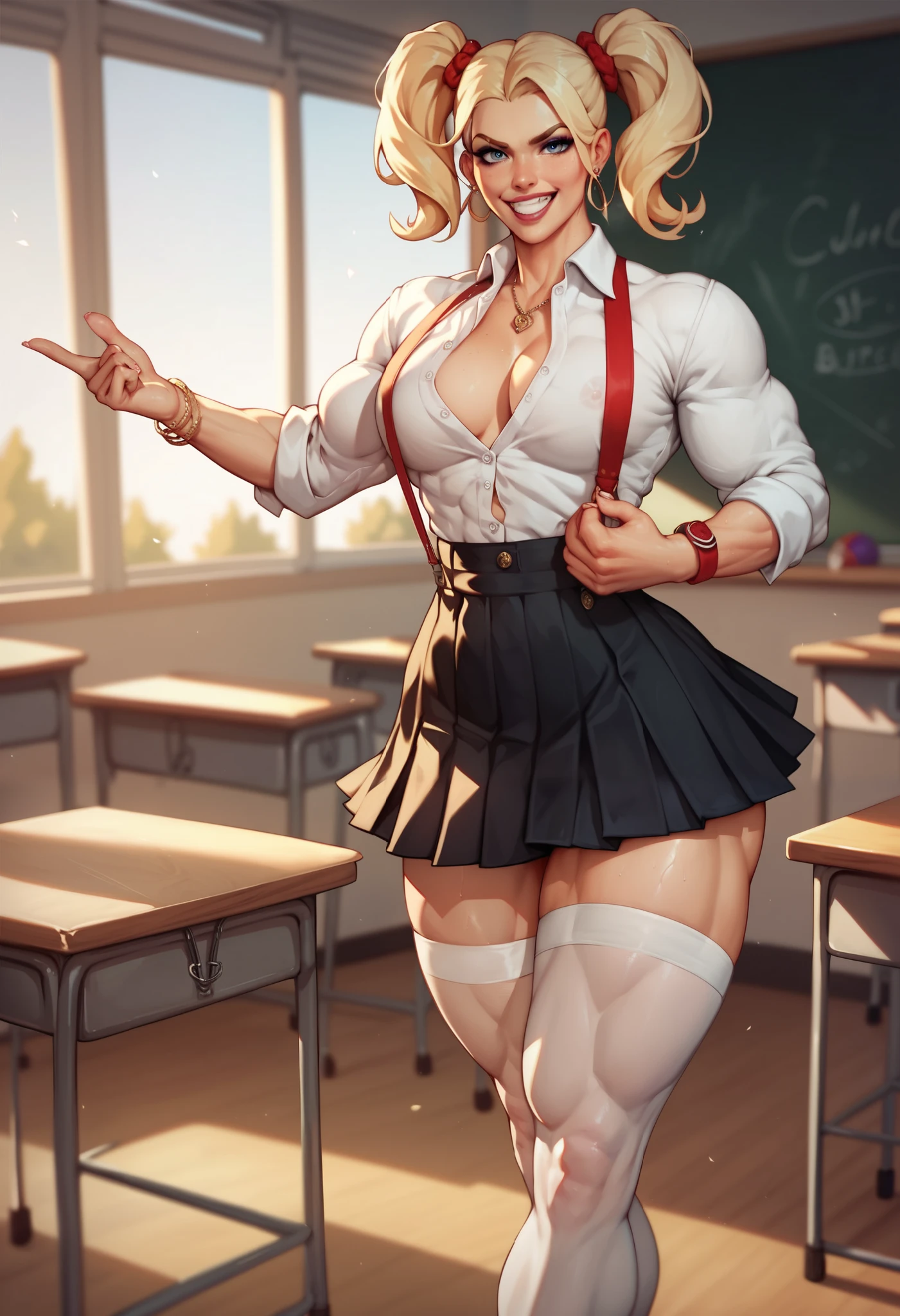 masterpiece, highest quality, (perfect face:1.1) , (high detail:1.1),realistic, masterpiece, best_quality,muted pastel colors, high quality images, retro anime, 1990s anime, 1980s anime, brush strokes, background is in a school hallway, city can be seen through the window of the school, Gyaru, tanned skin, sun tan, lots of blonde very curly hair, tall , 1girl, pink and beige Japanese school girl uniform, bell bottom socks, fashionable glasses , ((thick cotton leg warmers)), full lips, slim face, high cheekbones, muscular, in the art style of mohrbacher, In the style of Peter Morbacher
, theofficalpit art style