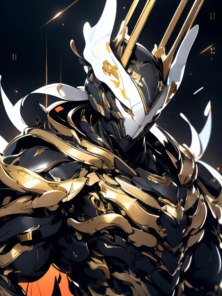 a close up of a deity with a white and black biomechanical body, black and white void space, exquisite mix of magic and science, white biomechanical details, gold tracing around some armor pieces, great character design, white biomechanical details, white mecha, highly detailed exquisite art, intricate white armor, no face, halo of energy over his head,