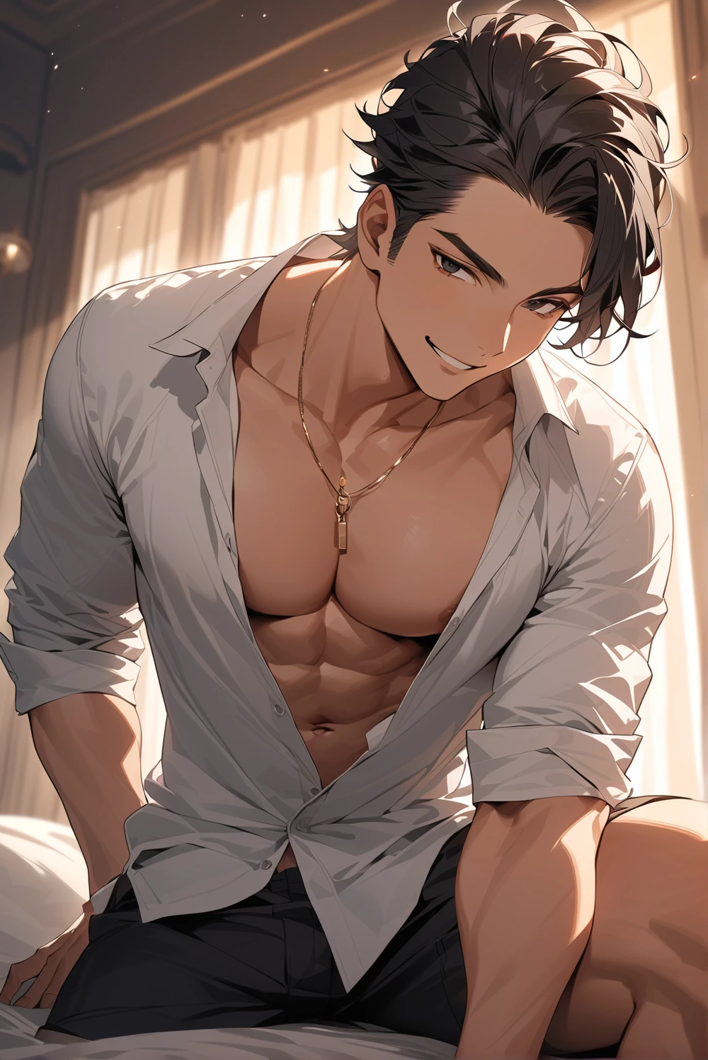 (masterpiece, high resolution, Top quality), unique , 1 male, 29-year-old male , nice, Sexy , tanned skin , dark haired, man's ponytail , black eyes , sly smile , black skin
