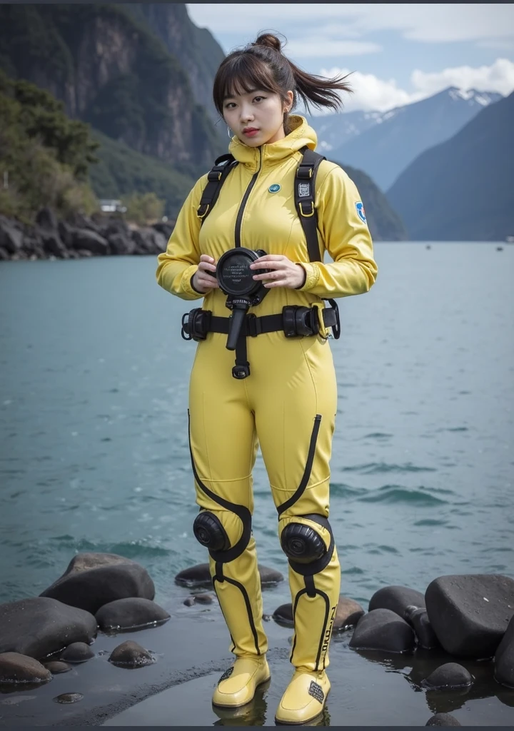 A documentary photo, Photo-realistic, ultra-realistic, (Japanese beautiful young woman, famous Japanese idol, boyish cool face:1.3), wetlook rubberish pink clothes,, she is a military diver of Japan navy, experienced military diver, wearing a professional wetsuits for military diver with professional scuba equipment, She is on a shlre, She is preparing to scuba dive for a lifesaving mission, there is a large battle ship behind her,, Natural Makeup, boyish face ,Front View:1.21, Perfect Anatomy:1.21, Small head:1.21, Slender body:1.37, Narrow waist:1.5, Thin limbs:1.5, Flat Chest:1.5, Anatomically correct limbs, Diving Suits warm  wetlook (high smooth turtleneck collar), Fully equipped for diving, Very cute Japanese woman, Brown Hair, Chignon Hair, woman holds oval scuba mask, Calm sea in qinter, Dynamic and emotional movie lighting, 