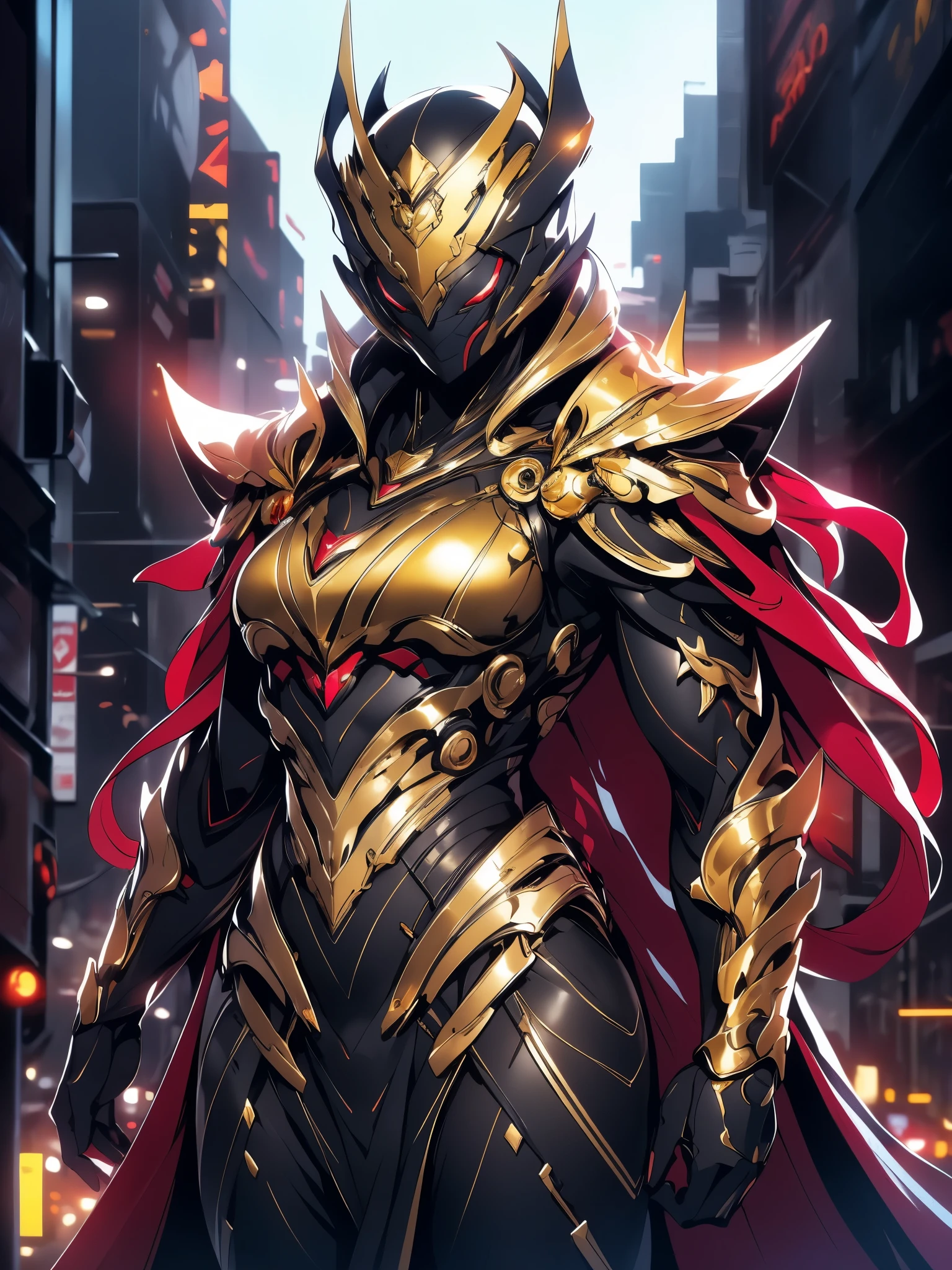 A woman adorned in fantasy-style full-body armor, a crown-concept fully enclosed helmet that unveils only her eyes, a composite layered chest plate, fully encompassing shoulder and hand guards, a lightweight waist armor, form-fitting shin guards, the overall design is heavy-duty yet flexible, (the armor gleams with a golden glow, complemented by red and blue accents), exhibiting a noble aura, she floats above a fantasy-surreal high-tech city, this character embodies a finely crafted fantasy-surreal style armored hero in anime style, exquisite and mature manga art style, (mixture of Queen bee and Spider concept Armor, plasma), ((Element, elegant, goddess, femminine:1.5)), metallic, high definition, best quality, highres, ultra-detailed, ultra-fine painting, extremely delicate, professional, anatomically correct, symmetrical face, extremely detailed eyes and face, high quality eyes, creativity, RAW photo, UHD, 32k, Natural light, cinematic lighting, masterpiece-anatomy-perfect, masterpiece:1.5