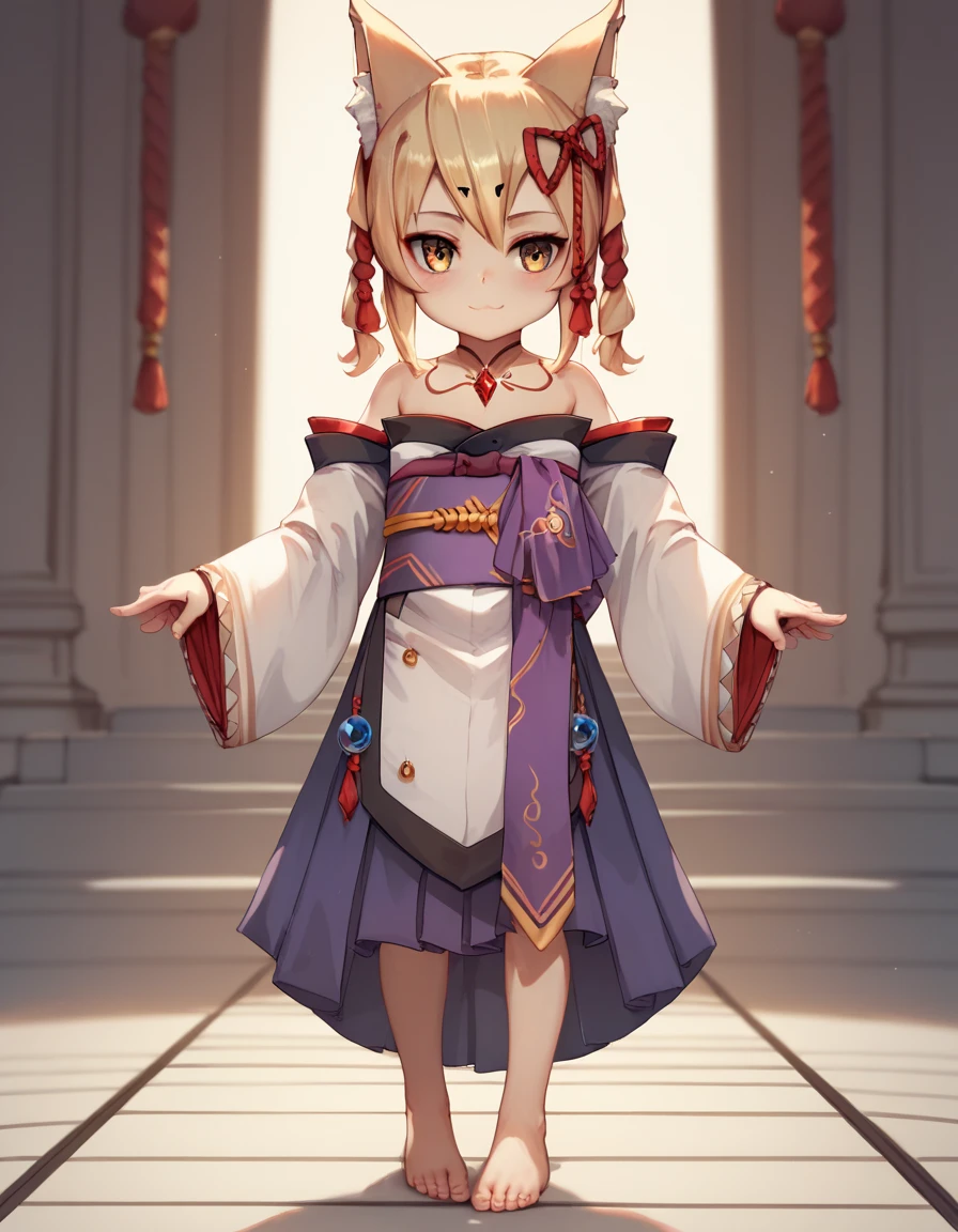 Tamamo,Masterpiece, Best Quality, High Resolution, 1girl,Hair Blond, eyes amber, Flat Chest, Kemonomimi, Younger Appearance,loli, full-size character, full-length, stands on its feet, kimono