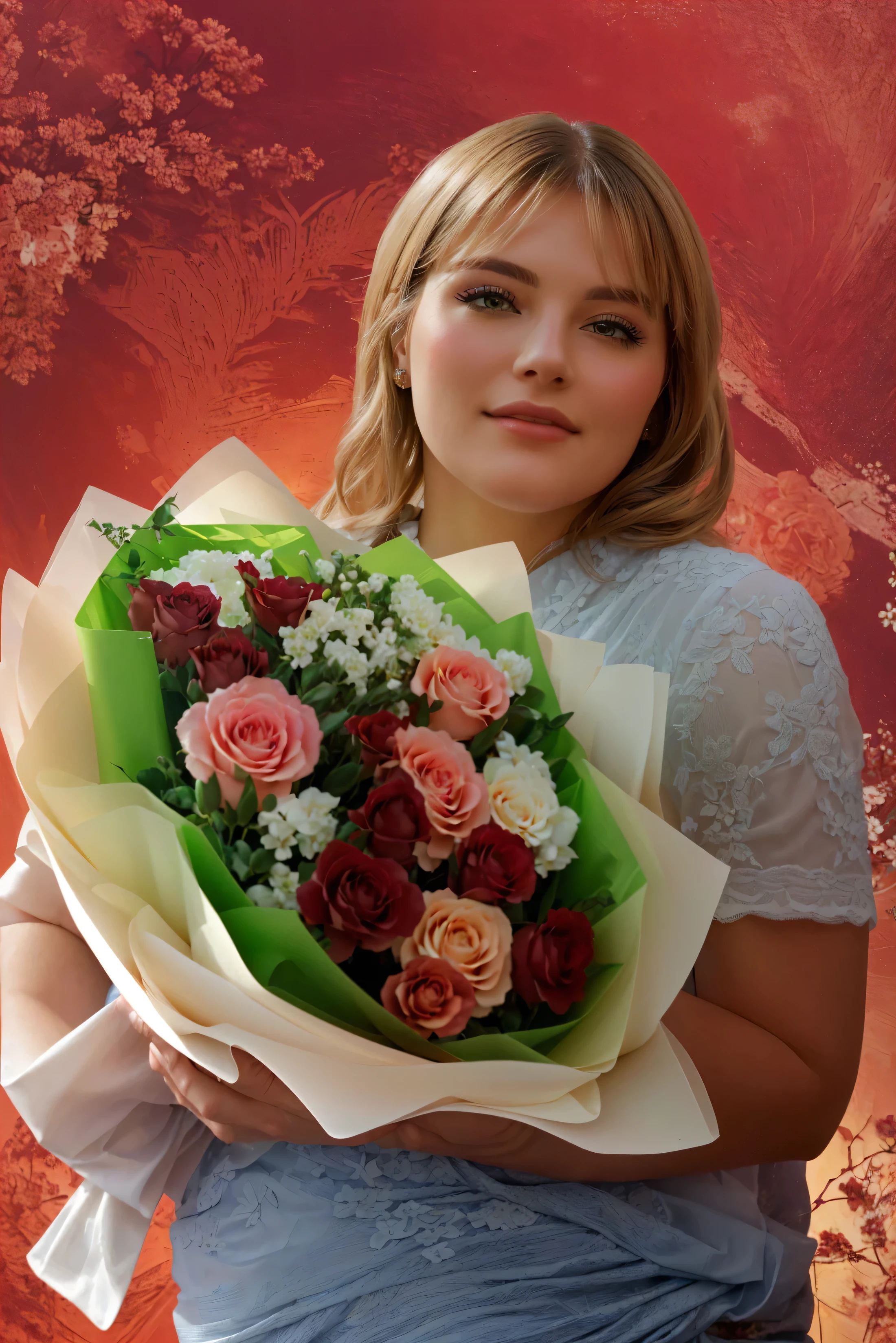Woman with a luxurious bouquet in her hands, photographic photo, extreme detail , detailed bouquet , detailed hair , masterpiece fails, highest quality