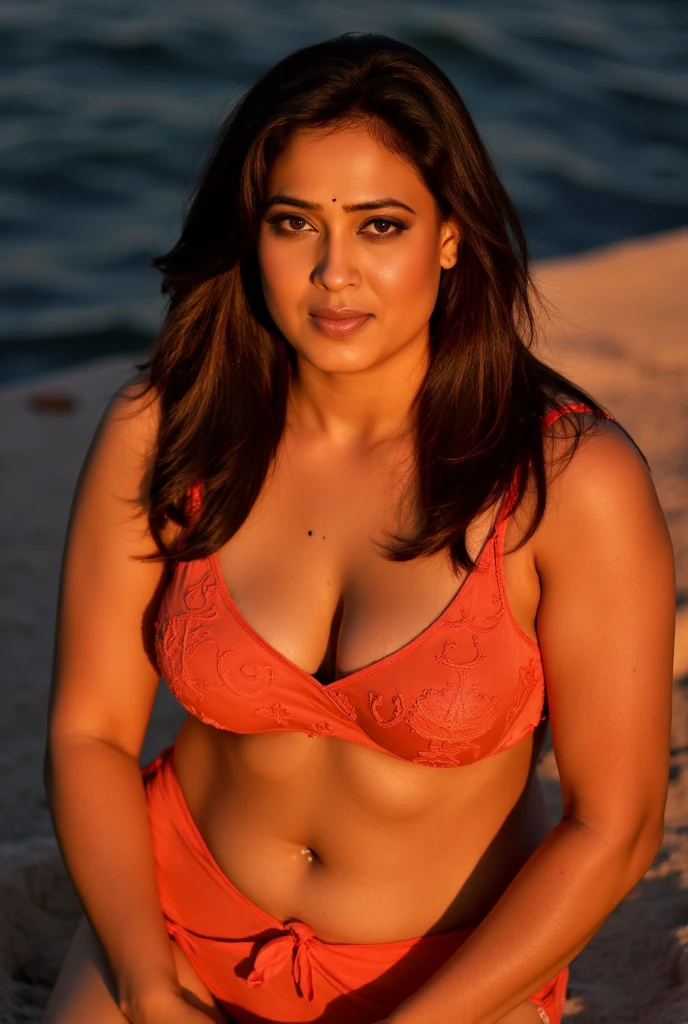 A photo of a mature Indian woman relaxing in beach wearing tiny orange bikini, toned body, aged 50, (face portrait:1.5), dramatic light, Rembrandt lighting scheme, full body shot, top quality editorial photograph, skin texture, skin pores, fair milky skin, high quality skin, top quality photography, professional photography, professional retouching, insane detailing, warm moody tones, highly detailed stubble armpits, skin pores, visible veins, skin texture, freckles 0.2,toned body, big boobs, deep navel, toned belly, tattoos in arm,detailed stubble armpits, insanely detailed skin texture,rough mature skin, visible pores, fine lines, deep navel, 