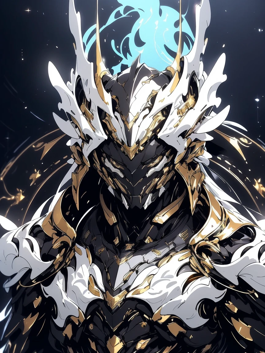 a close up of a deity with a white and black biomechanical body, black and white void space, exquisite mix of magic and science, white biomechanical details, gold tracing around some armor pieces, great character design, white biomechanical details, white mecha, highly detailed exquisite art, intricate white armor, no face, halo of energy over his head,