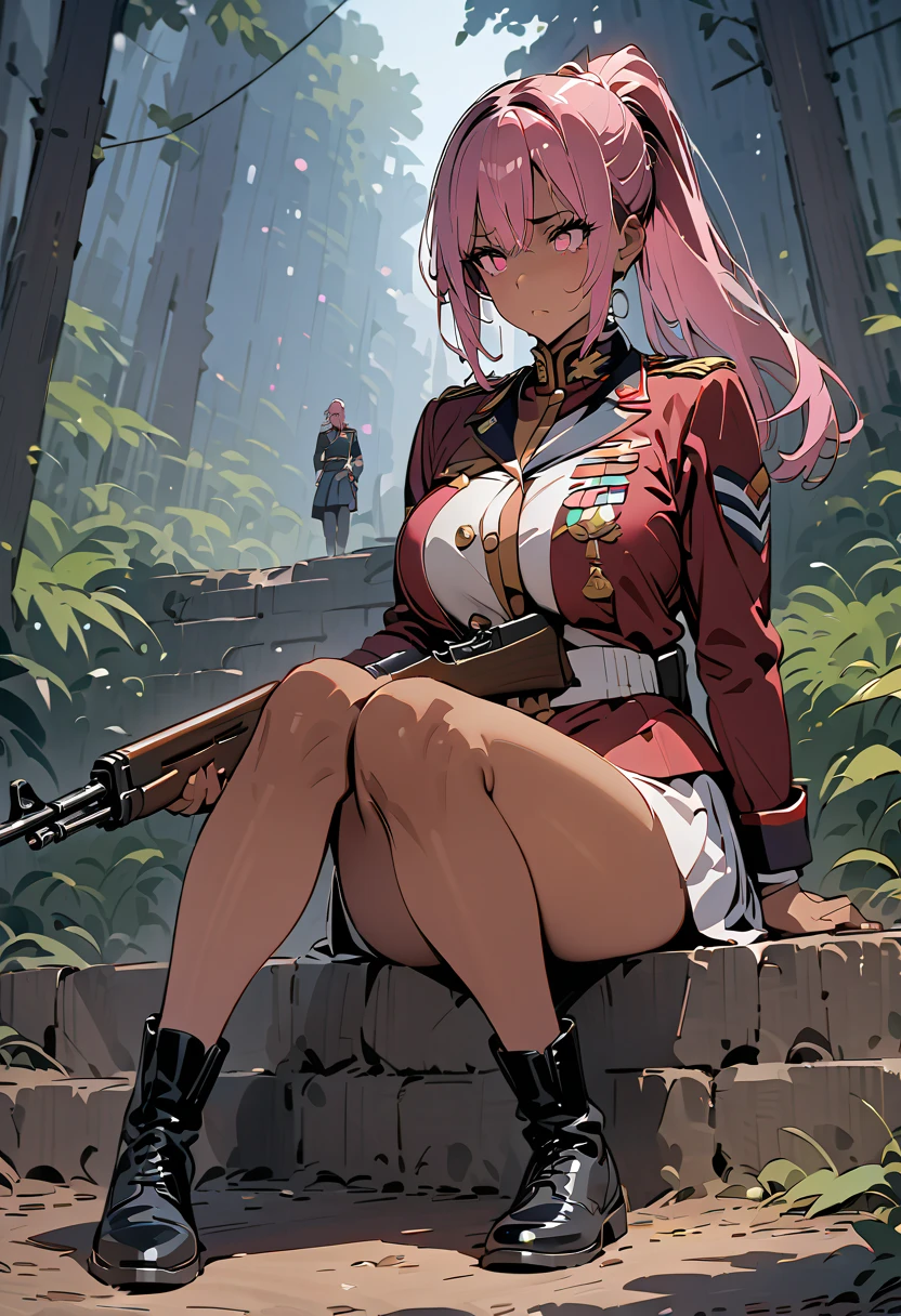 { - anatomy error} , ((Best Quality)), ((masterpiece)), (detailed), ((full body)), A woman, pink hair, dark skin, ponytail, pink eyes, sitting, wearing a militar uniform, militar makeup, bored look, carrying an ak-47, looking at the horizon, the background is a forest