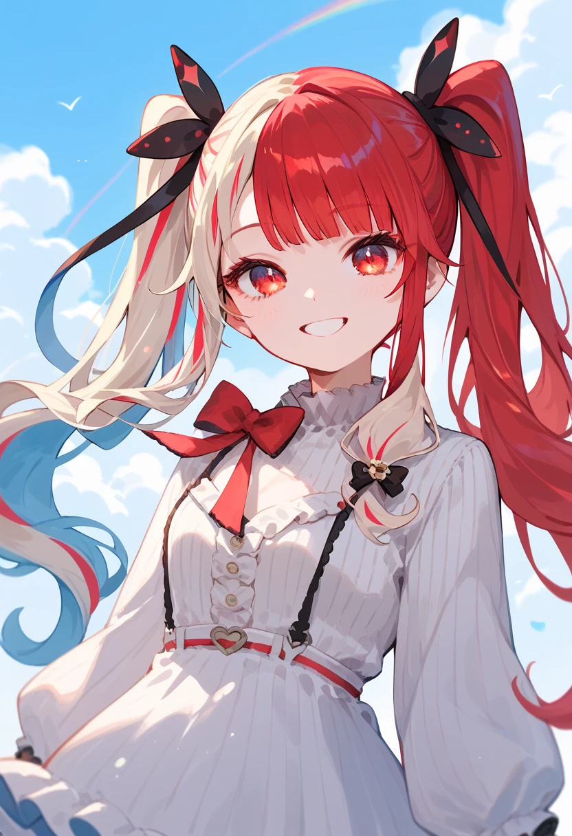 Rena yorumi, colorful, two toned hair, cute, smiling, red eyes, twintail hair 