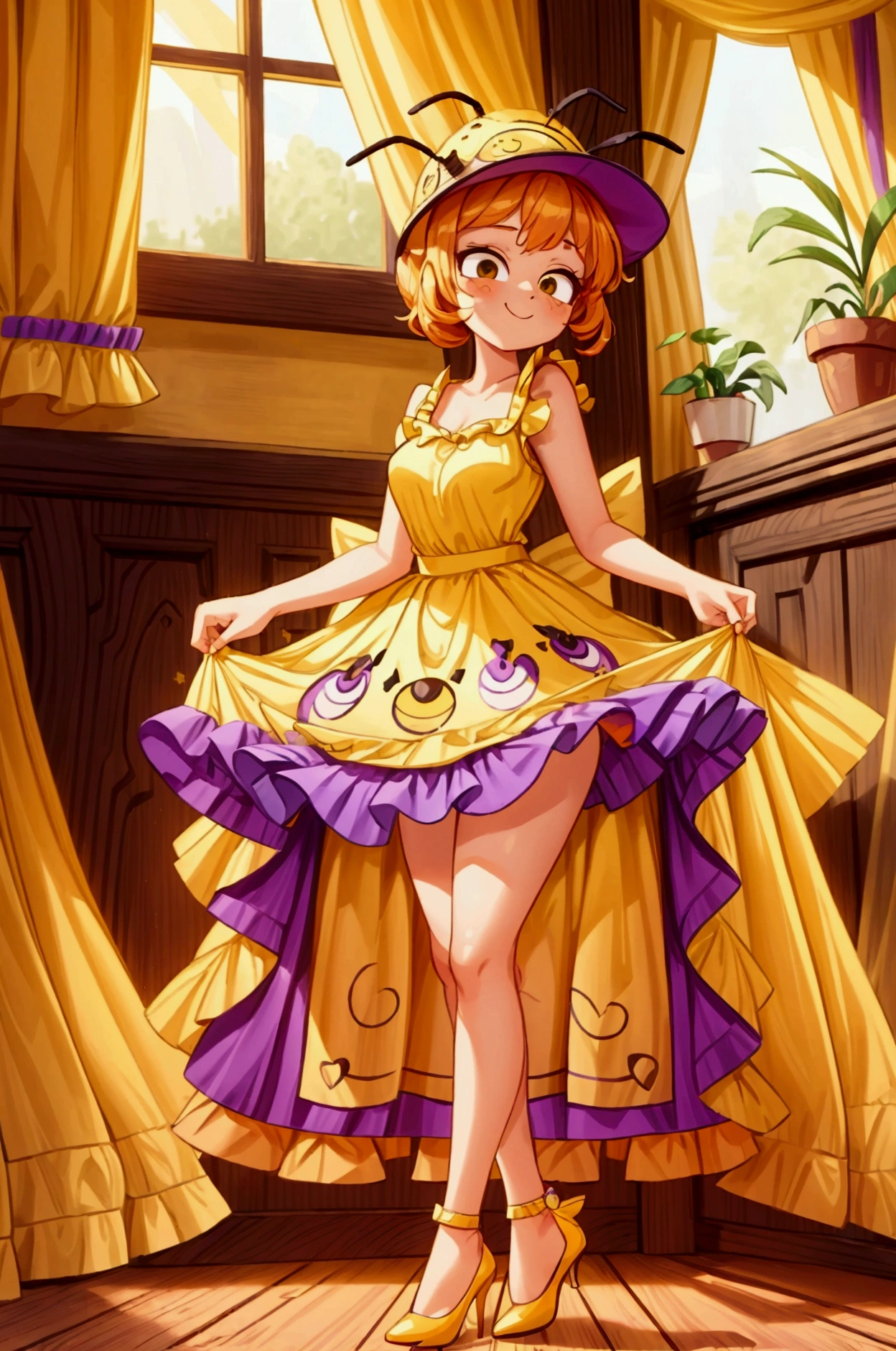 (masterpiece, best quality) standing, indoor, intricate detail, sunlight, yellow and purple frilly dress, purple and yellow heels shoes, orange hair, cute bee hat, brown dark eyes, smiley face, sexy pose, coquette, gorgeous legs, mature teenager body, lovely, gorgeous body, pronounced breasts