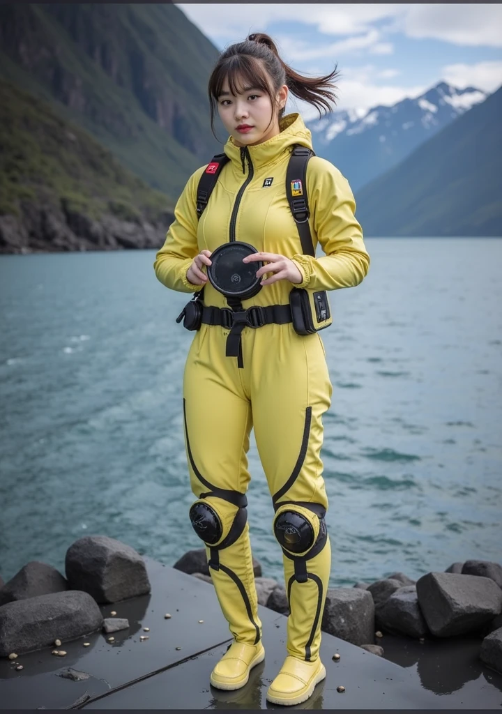 A documentary photo, Photo-realistic, ultra-realistic, (Japanese beautiful young woman, famous Japanese idol, boyish cool face:1.3), wetlook rubberish pink clothes,, she is a military diver of Japan navy, experienced military diver, wearing a professional wetsuits for military diver with professional scuba equipment, She is on a shlre, She is preparing to scuba dive for a lifesaving mission, there is a large battle ship behind her,, Natural Makeup, boyish face ,Front View:1.21, Perfect Anatomy:1.21, Small head:1.21, Slender body:1.37, Narrow waist:1.5, Thin limbs:1.5, Flat Chest:1.5, Anatomically correct limbs, Diving Suits warm  wetlook (high smooth turtleneck collar), Fully equipped for diving, Very cute Japanese woman, Brown Hair, Chignon Hair, woman holds oval scuba mask, Calm sea in qinter, Dynamic and emotional movie lighting, 