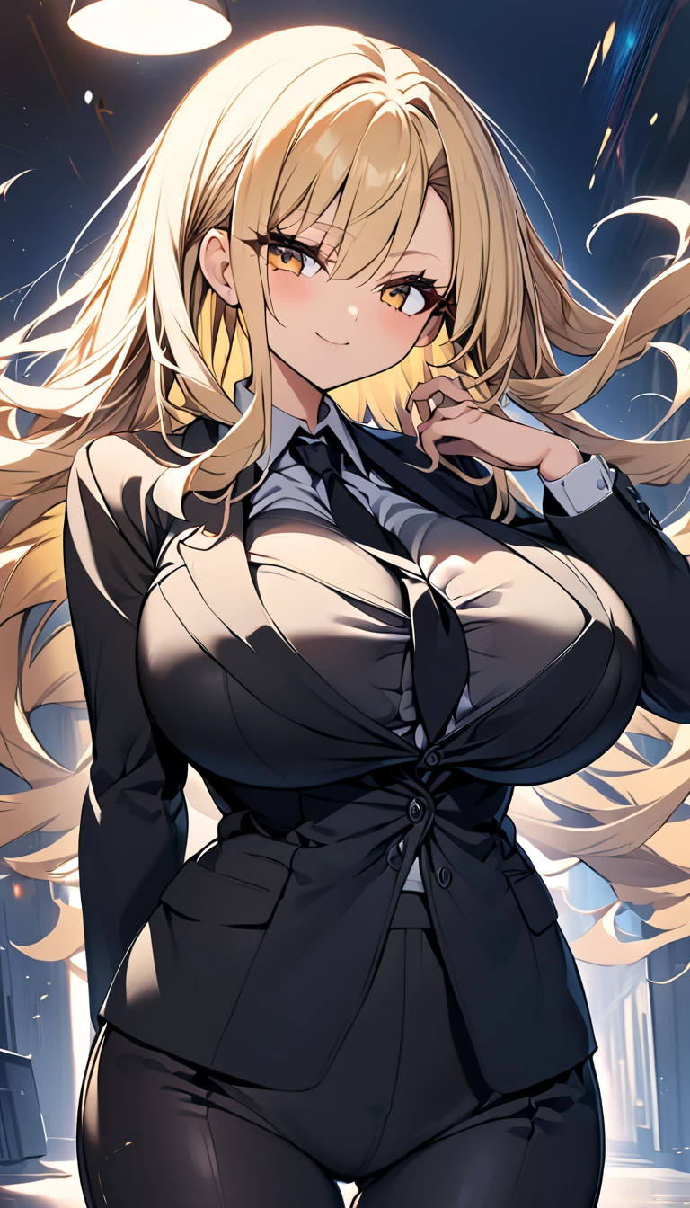  1 girl　 cute girl　 anime style　Anime Face　 anime style　Beauty　Big Breasts　 top and bottom black pant suit 　 black shirt　Black color tie　Blonde hair　 straight hair 　 long hair 