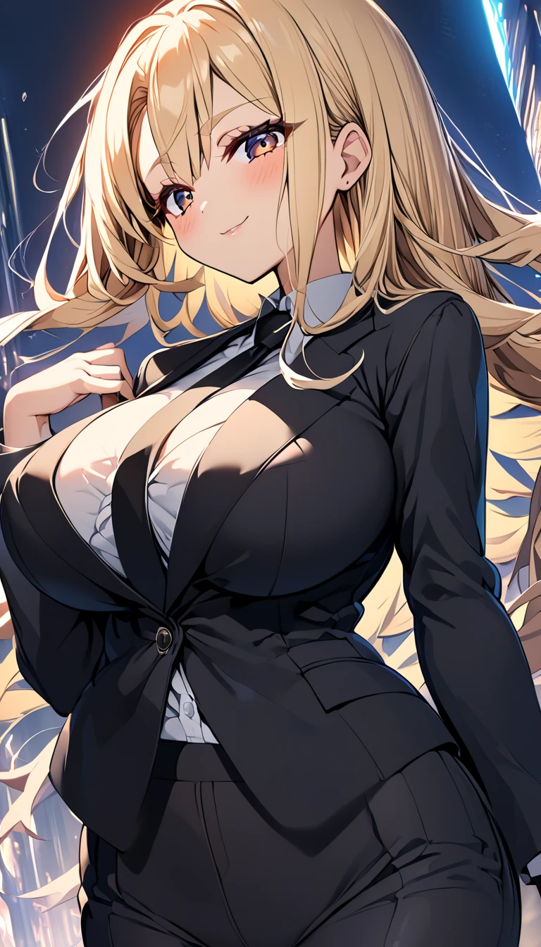  1 girl　 cute girl　 anime style　Anime Face　 anime style　Beauty　Big Breasts　 top and bottom black pant suit 　 black shirt　Black color tie　Blonde hair　 straight hair 　 long hair 