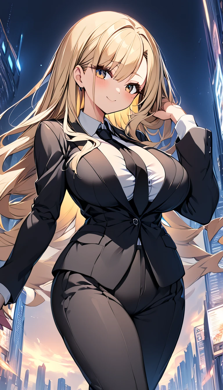  1 girl　 cute girl　 anime style　Anime Face　 anime style　Beauty　Big Breasts　 top and bottom black pant suit 　 black shirt　Black color tie　Blonde hair　 straight hair 　 long hair 