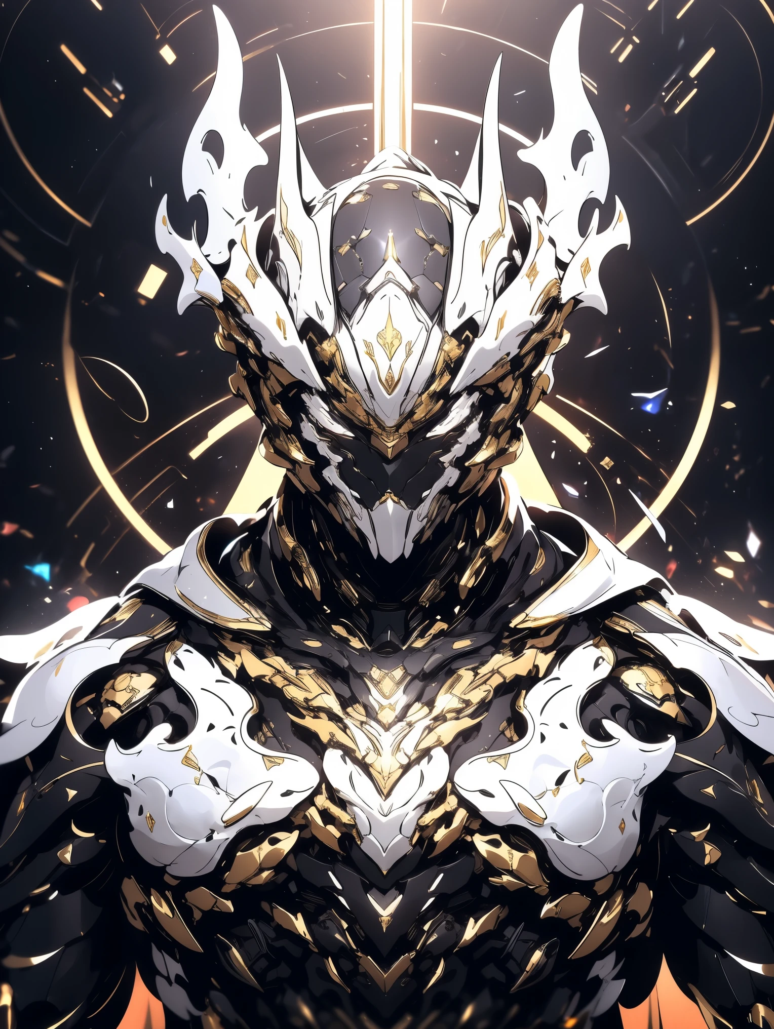 a close up of a deity with a white and black biomechanical body, black and white void space, exquisite mix of magic and science, white biomechanical details, gold tracing around some armor pieces, great character design, white biomechanical details, white mecha, highly detailed exquisite art, intricate white armor, no face, halo of energy over his head,