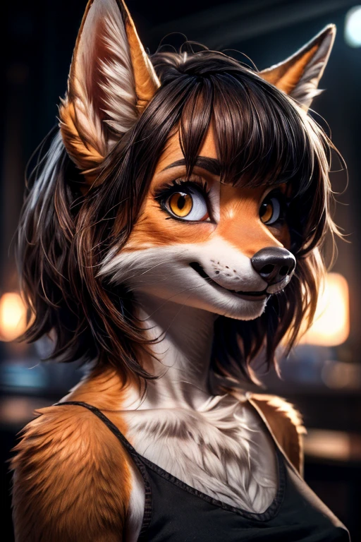 (photorealism:1:2) fox woman, amber eyes, nervous smile, bangs, messy hair, short hair, best quality, high details, high quality