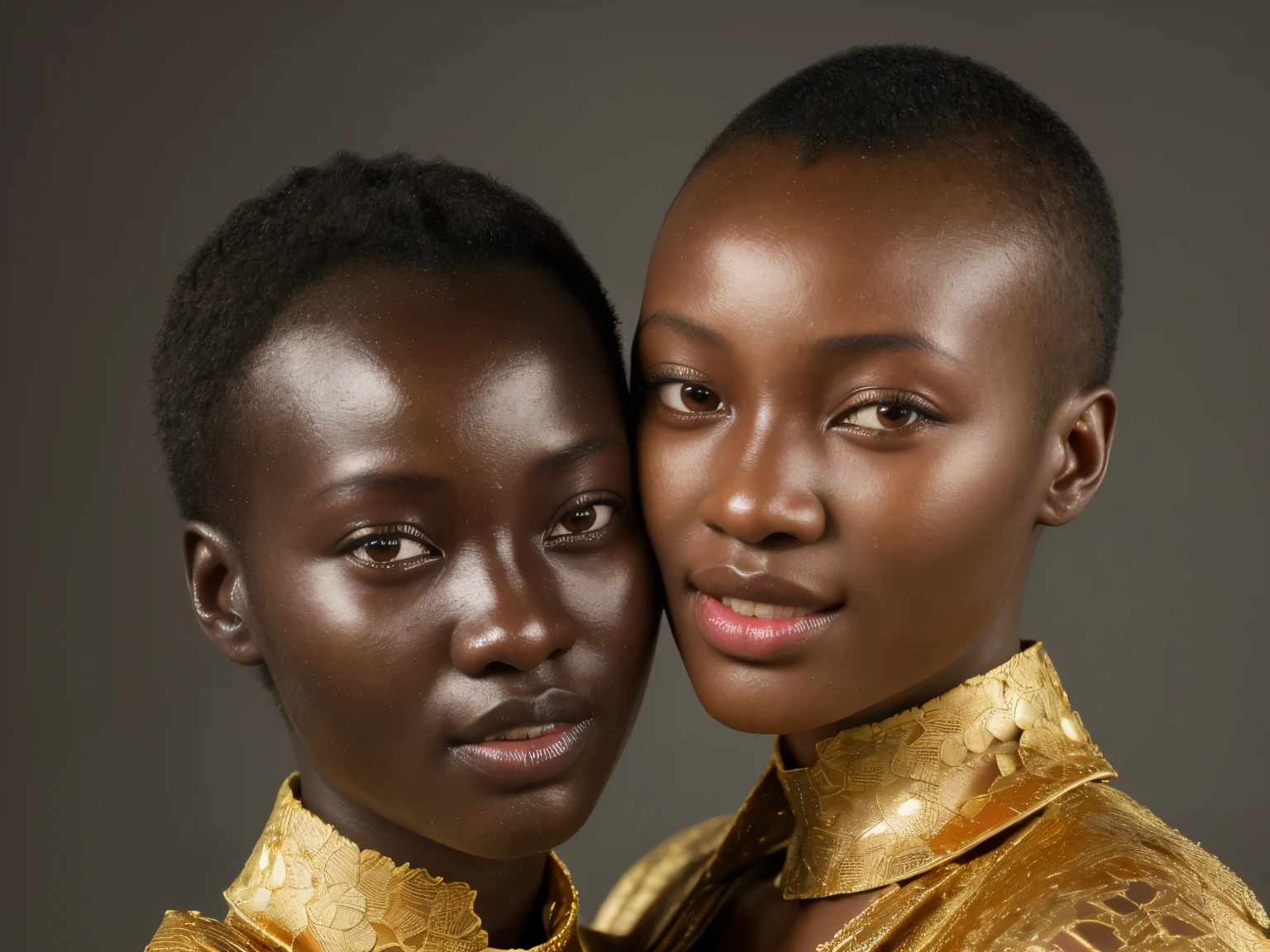 a detailed portrait of 2 african girls, ajak deng, dark skin, very short shaved haircut, revealing gold tight kimono lace, cleavage, large medicis collar, beautiful detailed eyes, big smile, best quality, 8k, highres, masterpiece, ultra-detailed, realistic, photorealistic, photo-realistic, HDR, UHD, studio lighting, ultra-fine painting, sharp focus, physically-based rendering, extreme detail description, professional, vivid colors, bokeh, portraits
