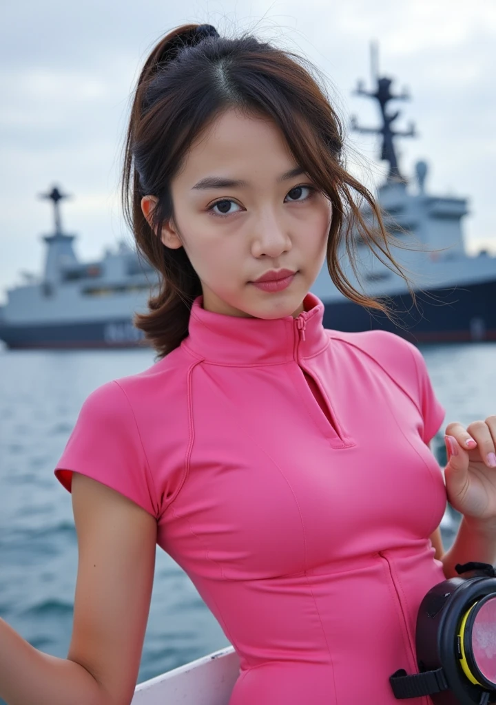 A documentary photo, Photo-realistic, ultra-realistic, (Japanese beautiful young woman, famous Japanese idol, boyish cool face:1.3), wetlook rubberish pink clothes,, she is a military diver of Japan navy, experienced military diver, wearing a professional wetsuits for military diver with professional scuba equipment, She is on a shlre, She is preparing to scuba dive for a lifesaving mission, there is a large battle ship behind her,, Natural Makeup, boyish face ,Front View:1.21, Perfect Anatomy:1.21, Small head:1.21, Slender body:1.37, Narrow waist:1.5, Thin limbs:1.5, Flat Chest:1.5, Anatomically correct limbs, Diving Suits warm  wetlook (high smooth turtleneck collar), Fully equipped for diving, Very cute Japanese woman, Brown Hair, Chignon Hair, woman holds oval scuba mask, Calm sea in qinter, Dynamic and emotional movie lighting, 