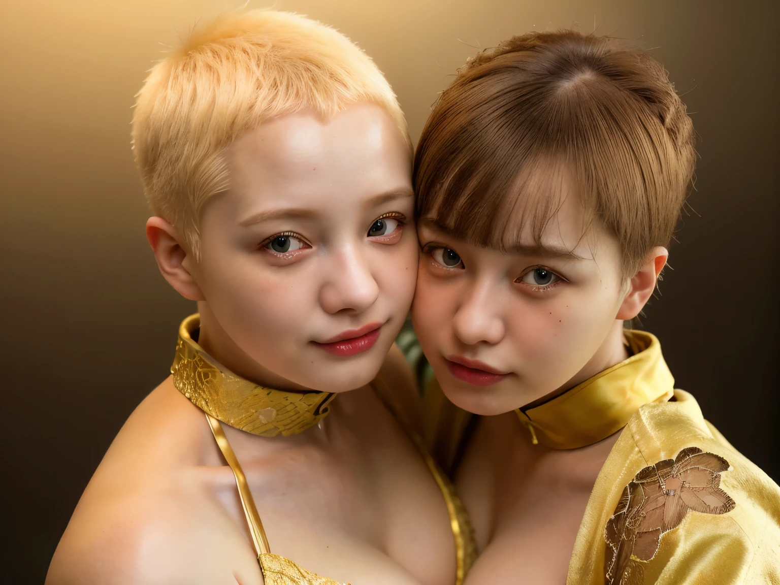 2girls, highly detailed portrait, albino girls, big smile, very short shaved haircut, revealing gold tight kimono lace, cleavage, large medicis collar, massive breasts, viewed from above, (best quality,4k,8k,highres,masterpiece:1.2),ultra-detailed,(realistic,photorealistic,photo-realistic:1.37),HDR,studio lighting,extreme detail description,vivid colors,bokeh,portraits,concept artists,dramatic lighting,warm color tone