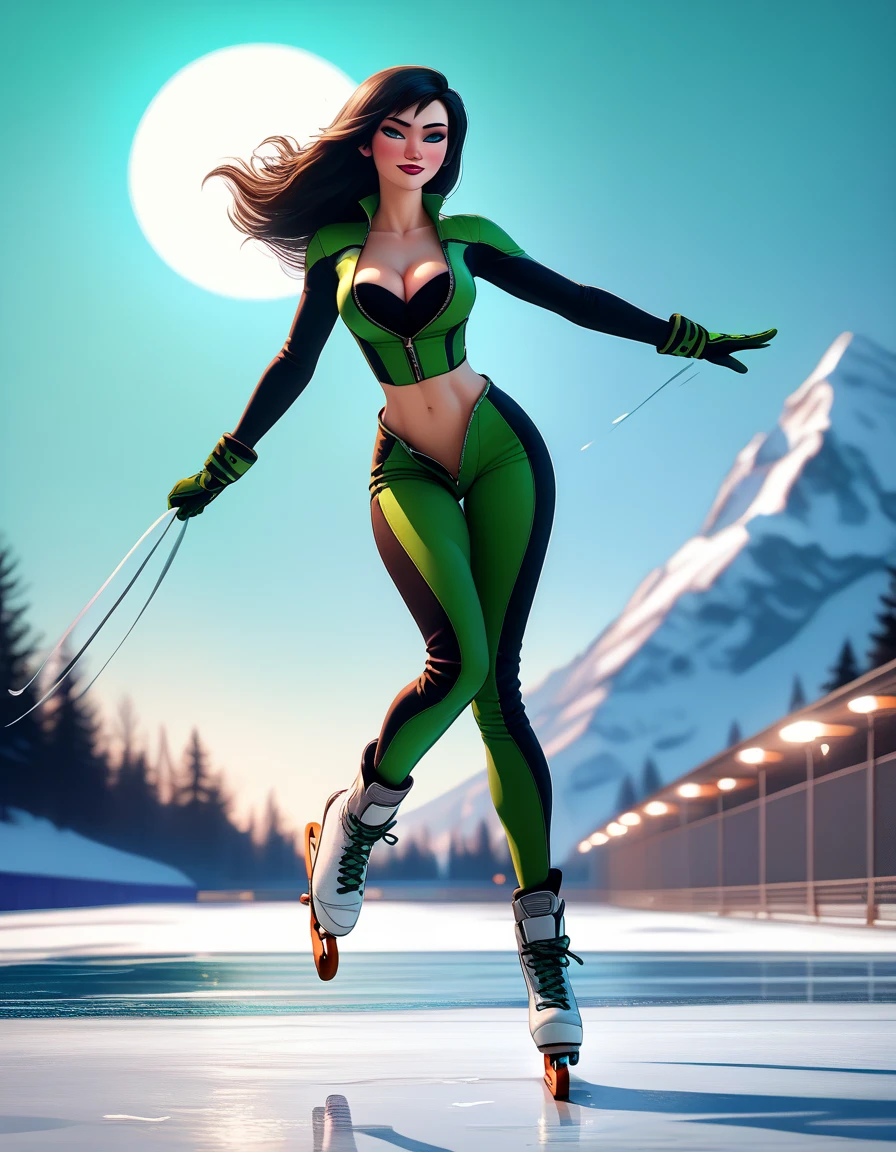 Sexy Shego, Ice dance skate, extremely detailed,, 8K, masterpiece, full body, full moon, Frozen lake, beautiful skater, (((wearing a sexy body suit, unzipped body suit, exposed midriff, cleavage))), erotic pose, graceful movement, dynamic motion blur, winter landscape background, glowing lighting, vivid colors, professional 