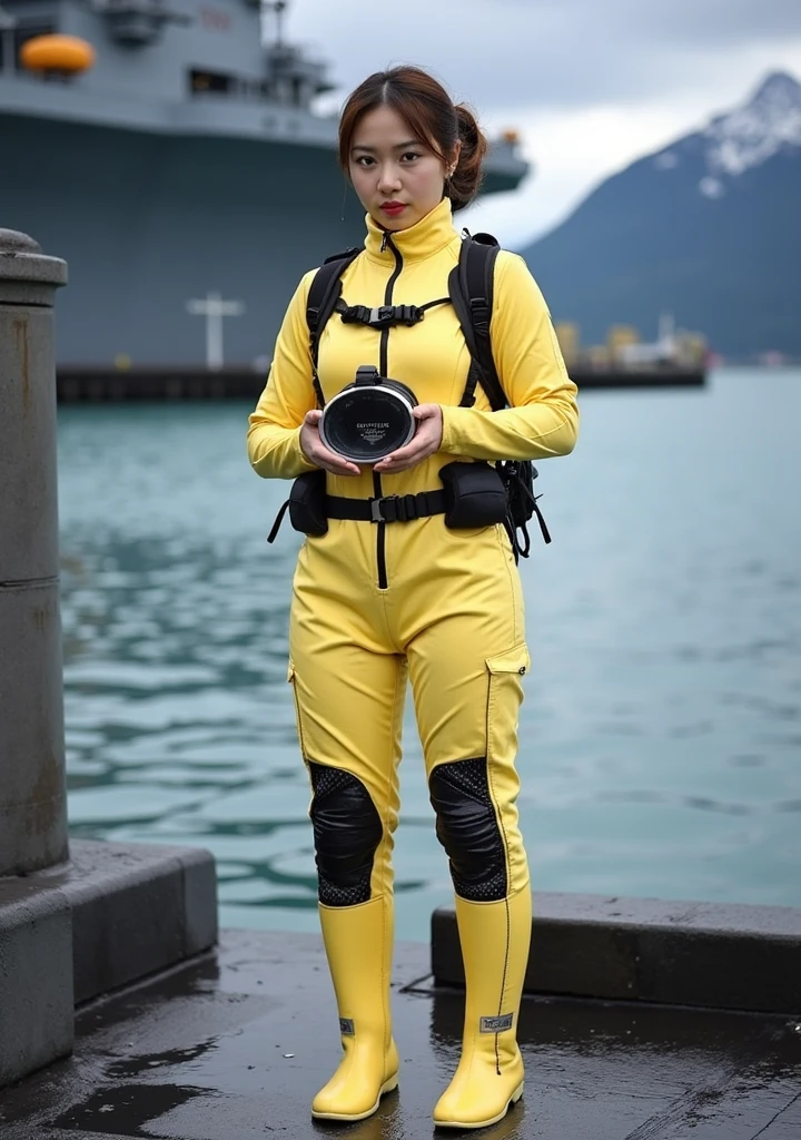 A documentary photo, Photo-realistic, ultra-realistic, (Japanese beautiful young woman, famous Japanese idol, boyish cool face:1.3), wetlook rubberish yellow clothes,, she is a military diver of Japan navy, experienced military diver, wearing a professional wetsuits for military diver with professional scuba equipment, She is on a shlre, She is preparing to scuba dive for a lifesaving mission, there is a large battle ship behind her,, Natural Makeup, boyish face ,Front View:1.21, Perfect Anatomy:1.21, Small head:1.21, Slender body:1.37, Narrow waist:1.5, Thin limbs:1.5, Flat Chest:1.5, Anatomically correct limbs, Diving Suits warm  wetlook (high smooth turtleneck collar), Fully equipped for diving, Very cute Japanese woman, Brown Hair, Chignon Hair, woman holds oval scuba mask, Calm sea in qinter, Dynamic and emotional movie lighting, 