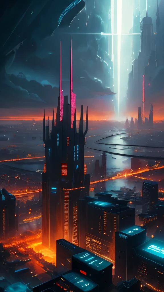 futuristic city with a massive tower and a massive bridge, a detailed matte painting inspired by James Paick, cgsociety contest winner, digital art, big and structured valhalla city, ancient sci - fi city, in fantasy sci - fi city, aerial view of a cyberpunk city, sci - fi city, sci fi city, huge futuristic temple city, dystopian cyberpunk city