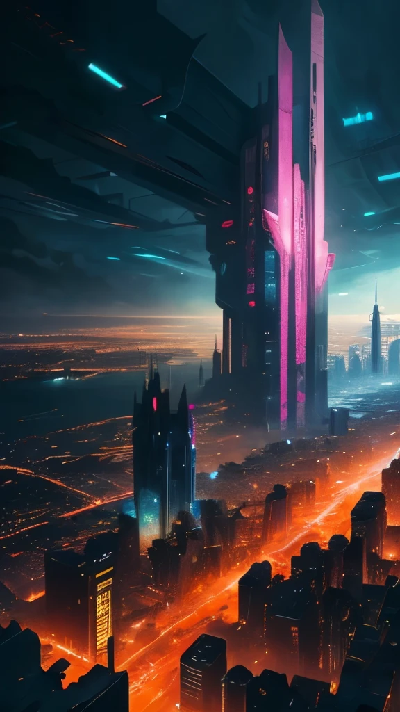 futuristic city with a massive tower and a massive bridge, a detailed matte painting inspired by James Paick, cgsociety contest winner, digital art, big and structured valhalla city, ancient sci - fi city, in fantasy sci - fi city, aerial view of a cyberpunk city, sci - fi city, sci fi city, huge futuristic temple city, dystopian cyberpunk city